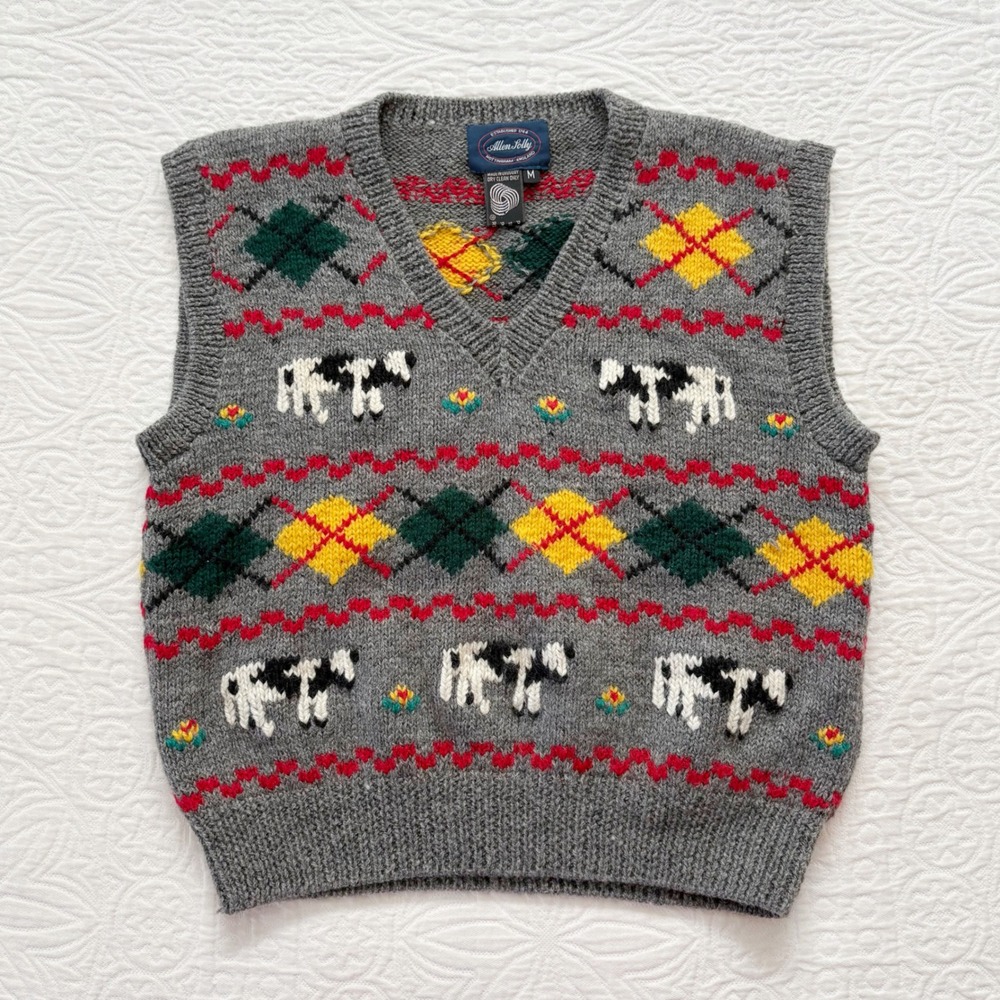 Vintage Allen Solly Cow Motif Wool Sweater Vest Sz M